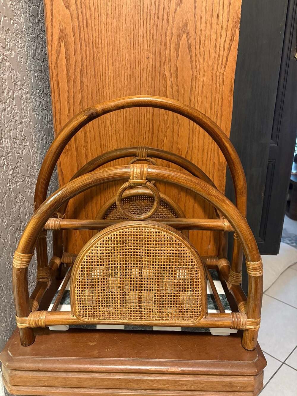 Vintage Rattan Wicker Magazine Rack Holder Arch Loop Design